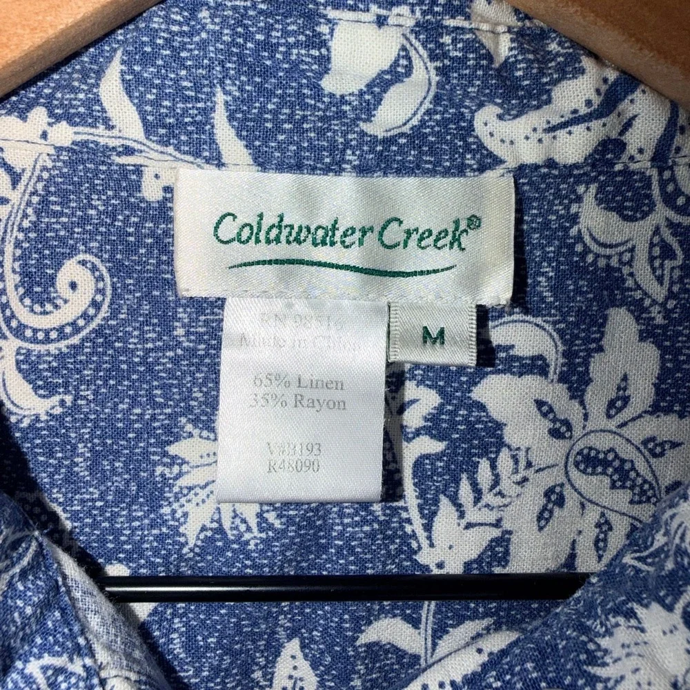 Coldwater Creek Womens 3/4 Sleeve Button Up Shirt Size M Blue Floral Linen Blend - Picture 2 of 5